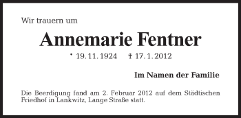 Traueranzeige von Annemarie Fentner von Tagesspiegel