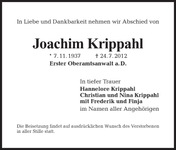 Traueranzeige von Joachim Krippahl von Tagesspiegel