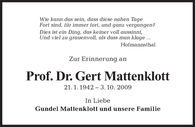  Traueranzeige für Gert Mattenklott vom 07.10.2012 aus Tagesspiegel