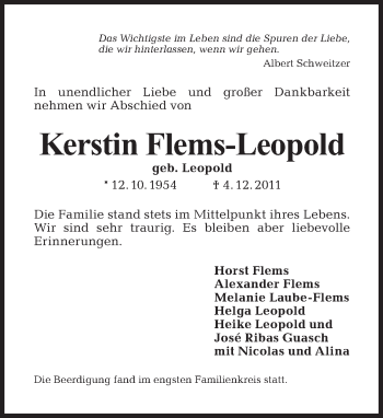 Traueranzeige von Kerstin Flems-Leopold von Tagesspiegel