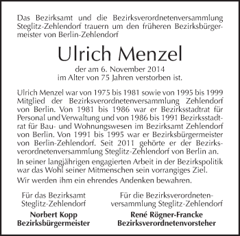 Traueranzeige von Ulrich Menzel von Tagesspiegel