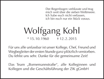 Traueranzeige von Wolfgang Kohl von Tagesspiegel
