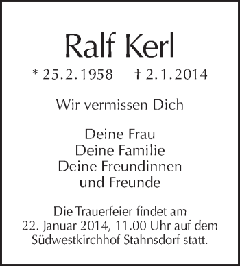 Traueranzeige von Ralf Kerl von Tagesspiegel