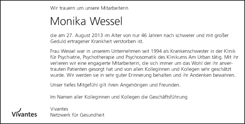  Traueranzeige für Monika Wessel vom 08.09.2013 aus Tagesspiegel