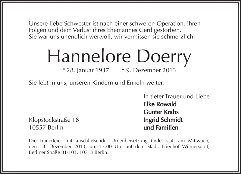  Traueranzeige für Hannelore Doerry vom 15.12.2013 aus Tagesspiegel