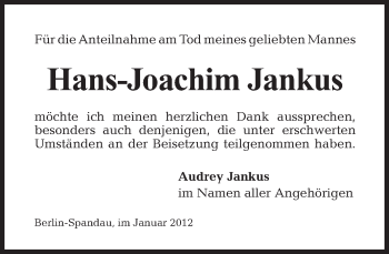 Traueranzeige von Hans-Joachim Jankus von Tagesspiegel