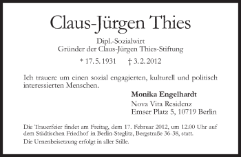 Traueranzeige von Claus-Jürgen Thies von Tagesspiegel