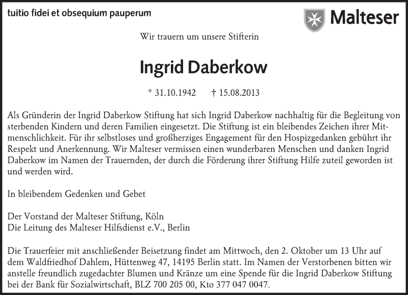  Traueranzeige für Ingrid Daberkow vom 01.09.2013 aus Tagesspiegel