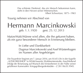 Traueranzeige von Hermann Marcinkowski von Tagesspiegel