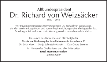 Traueranzeige von Richard von Weizsäcker von Tagesspiegel
