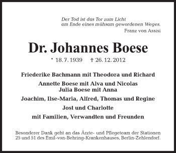 Traueranzeige von Johannes Boese von Tagesspiegel