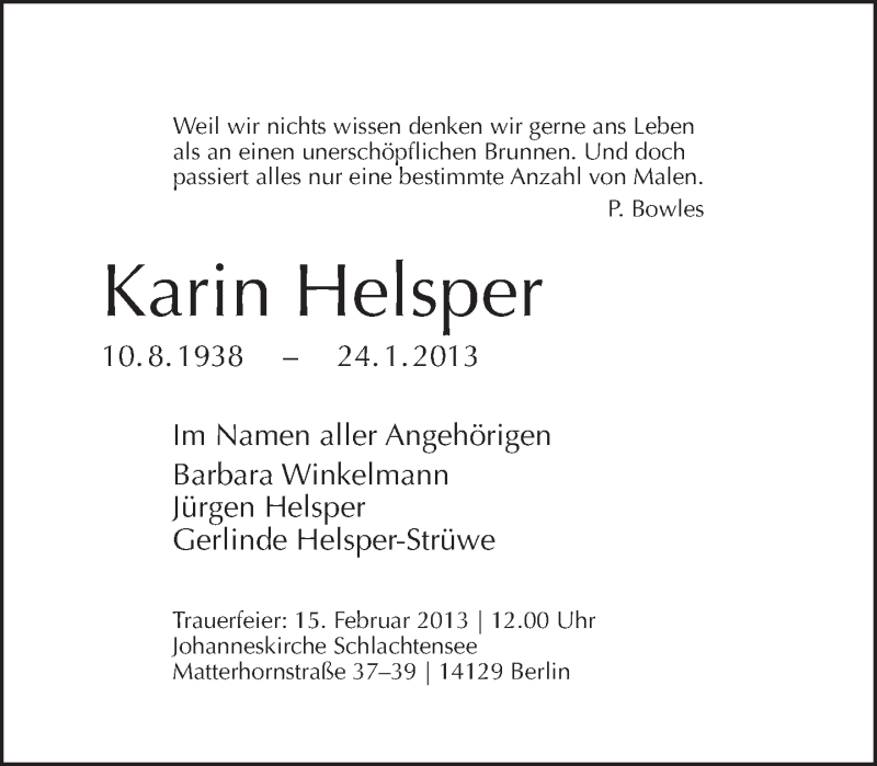  Traueranzeige für Karin Helsper vom 10.02.2013 aus Tagesspiegel