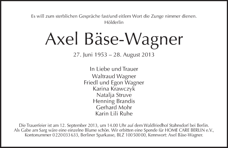  Traueranzeige für Axel Bäse-Wagner vom 08.09.2013 aus Tagesspiegel