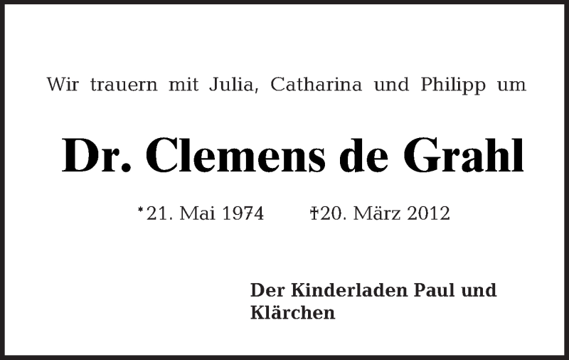  Traueranzeige für Clemens de Grahl vom 08.04.2012 aus Tagesspiegel