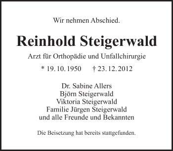 Traueranzeige von Reinhold Steigerwald von Tagesspiegel