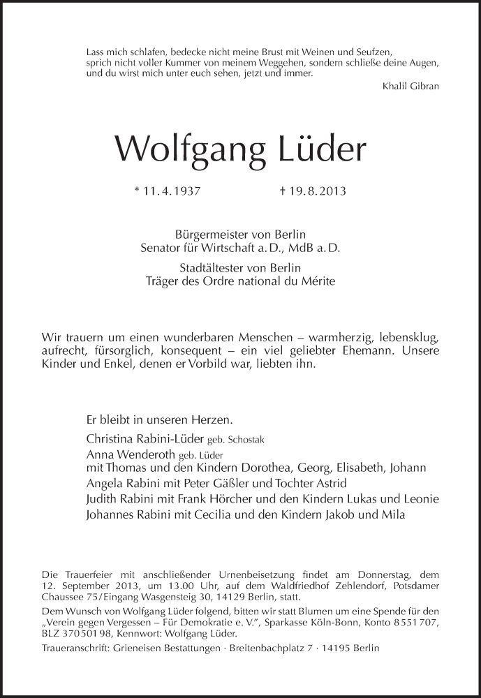  Traueranzeige für Wolfgang Lüder vom 25.08.2013 aus Tagesspiegel