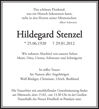 Traueranzeige von Hildegard Stenzel von Tagesspiegel