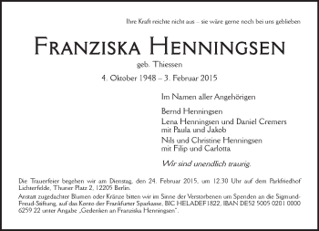 Traueranzeige von Franzsika Henningsen von Tagesspiegel