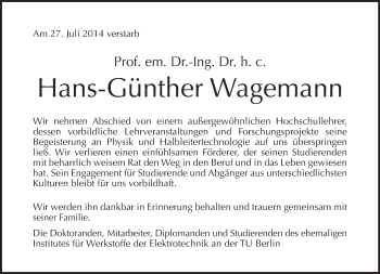 Traueranzeige von Hans-Günther Wagemann von Tagesspiegel