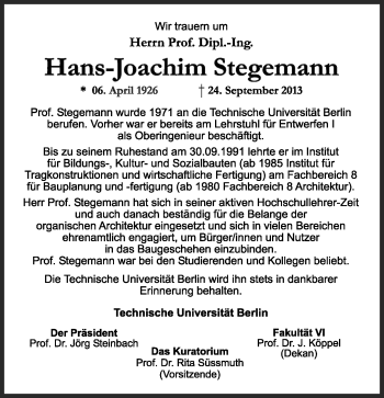 Traueranzeige von Hans-Joachim Stegemann von Tagesspiegel