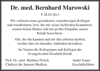 Traueranzeige von Bernhard Marowski von Tagesspiegel