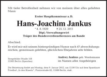 Traueranzeige von Hans-Joachim Jankus von Tagesspiegel