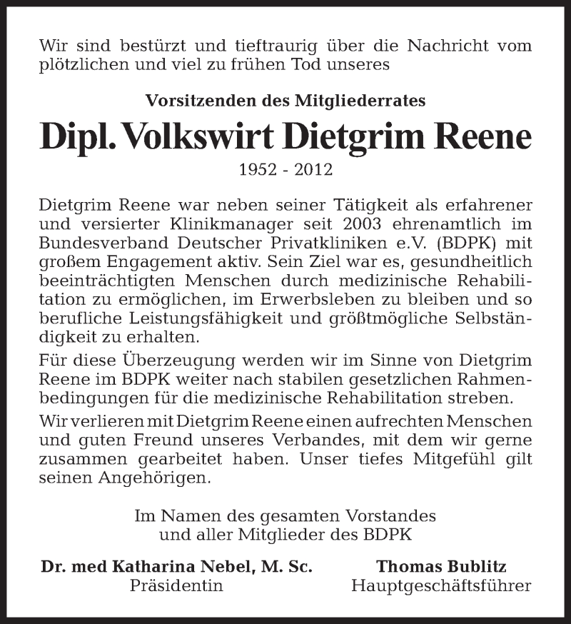  Traueranzeige für Dietgrim Reene vom 29.07.2012 aus Tagesspiegel