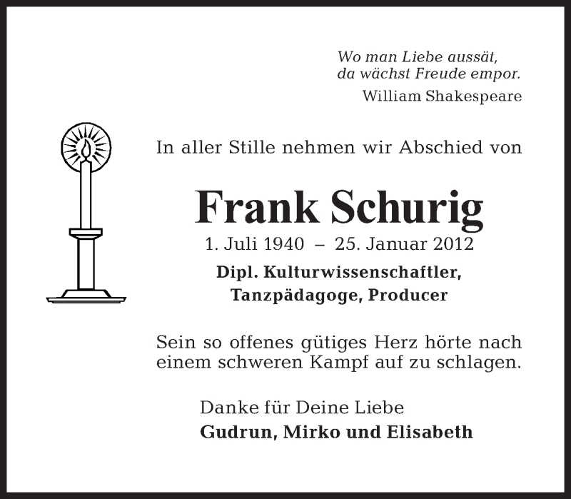  Traueranzeige für Frank Schurig vom 19.02.2012 aus Tagesspiegel