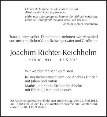 Traueranzeige von Joachim Richter-Reichhelm von Tagesspiegel