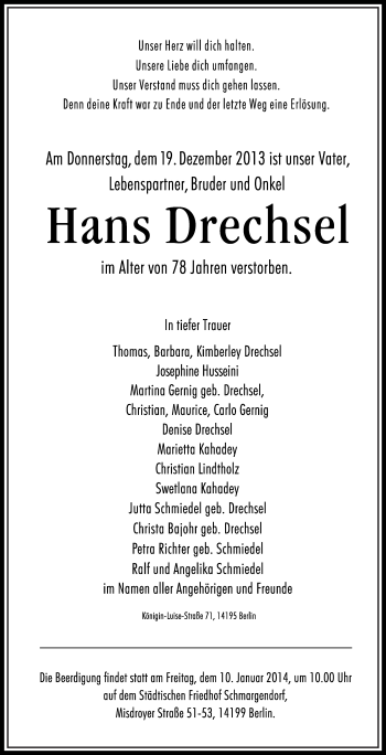 Traueranzeige von Hans Drechsel von Tagesspiegel