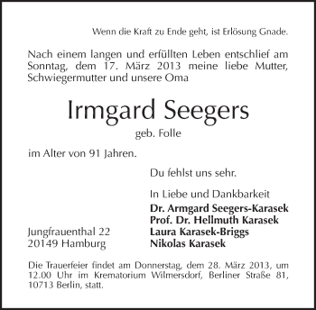 Traueranzeige von Irmgard Seegers von Tagesspiegel