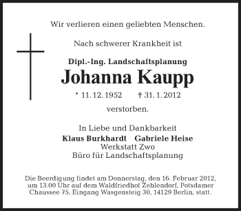 Traueranzeige von Johanna Kaupp von Tagesspiegel