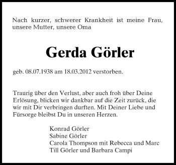 Traueranzeige von Gerda Görler von Tagesspiegel
