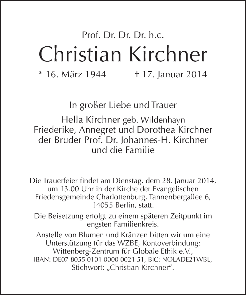  Traueranzeige für Christian Kirchner vom 26.01.2014 aus Tagesspiegel