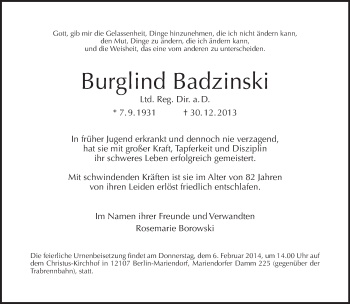 Traueranzeige von Burglind Badzinski von Tagesspiegel