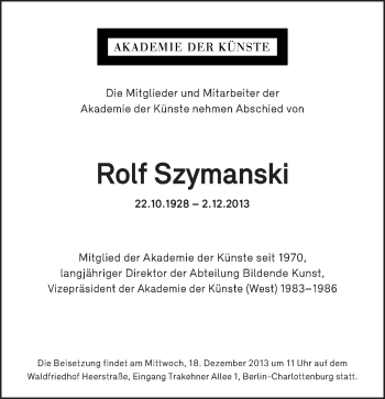 Traueranzeige von Rolf Szymanski von Tagesspiegel