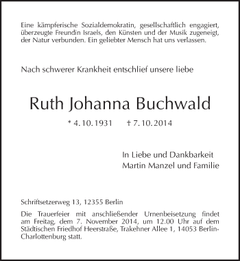 Traueranzeige von Ruth Johanna Buchwald von Tagesspiegel