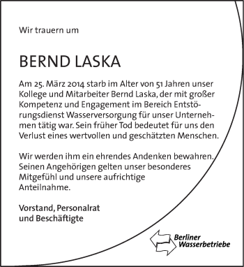 Traueranzeige von Bernd Laska von Tagesspiegel