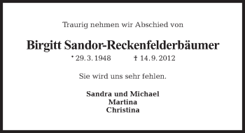 Traueranzeige von Birgitt Sandor-Reckenfelderbäumer von Tagesspiegel