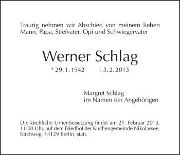 Traueranzeige von Werner Schlag von Tagesspiegel