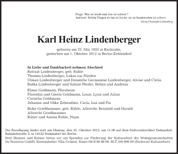 Traueranzeige von Karl Heinz Lindenberger von Tagesspiegel