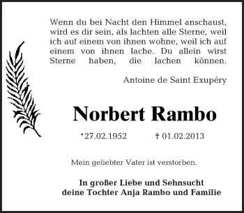Traueranzeige von Norbert Rambo von Tagesspiegel