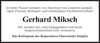 Traueranzeige von Gerhard Miksch von Tagesspiegel