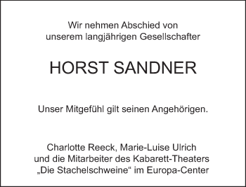 Traueranzeige von Horst Sandner von Tagesspiegel