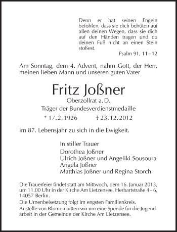 Traueranzeige von Fritz Joßner von Tagesspiegel