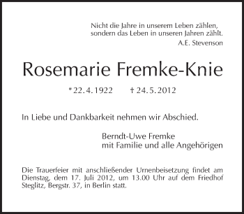 Traueranzeige von Rosemarie Fremke-Knie von Tagesspiegel