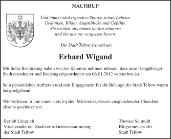 Traueranzeige von Erhard Wigand von Tagesspiegel