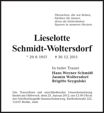 Traueranzeige von Lieselotte Schmidt-Woltersdorf von Tagesspiegel