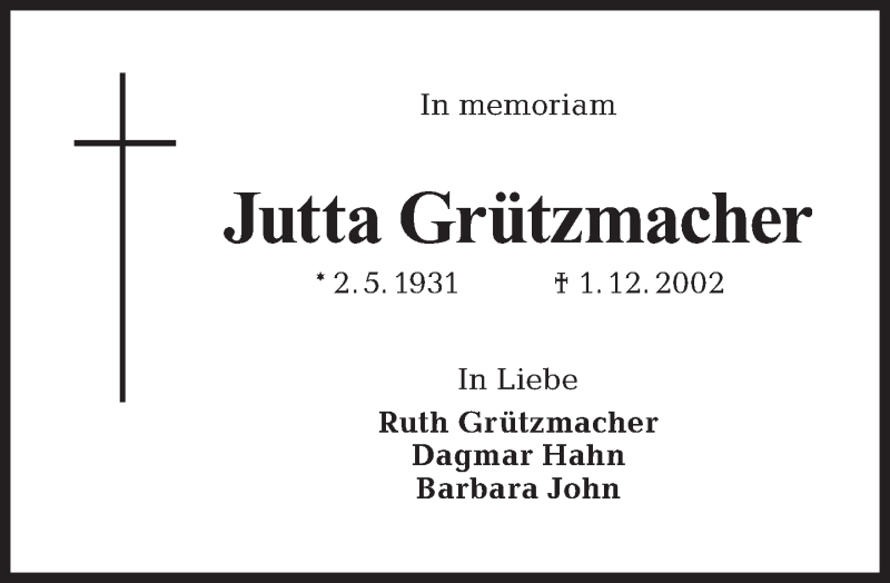  Traueranzeige für Jutta Grützmacher vom 01.12.2012 aus Tagesspiegel