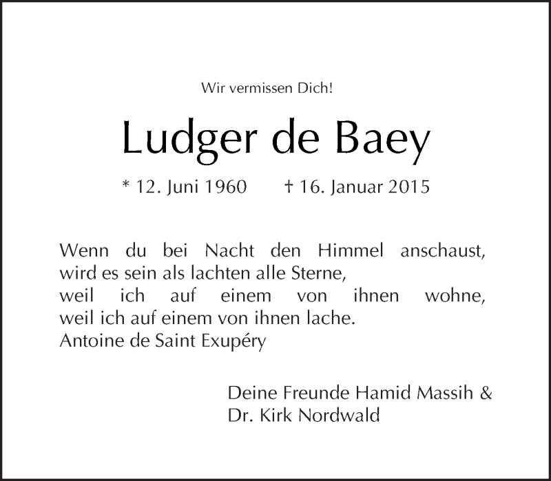  Traueranzeige für Ludger de Baey vom 01.02.2015 aus Tagesspiegel